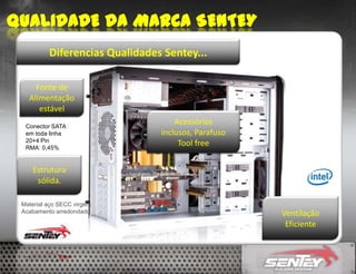 Diferencias Qualidades Sentey...
Fonte de
Alimentação
estável
Conector SATA
em toda linha
20+4 Pin
RMA: 0,45%

Acessórios
inclusos, Parafuso
Tool free

Estrutura
sólida.
Material aço SECC virgem
Acabamento arredondado

Ventilação
Eficiente

 