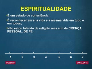 ESPIRITUALIDADE
•É um estado de consciência;
•É reconhecer em si a vida e a mesma vida em tudo e
em todos;
•Não estou falando de religião mas sim de CRENÇA
PESSOAL, DE FÉ.
1 2 3 4 5 6 7
PÉSSIMO EXCELENTE
 