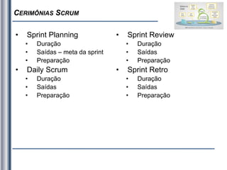 CERIMÔNIAS SCRUM
• Sprint Planning
• Duração
• Saídas – meta da sprint
• Preparação
• Daily Scrum
• Duração
• Saídas
• Preparação
• Sprint Review
• Duração
• Saídas
• Preparação
• Sprint Retro
• Duração
• Saídas
• Preparação
 