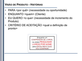 VISÃO DE PRODUTO - HISTÓRIAS
• PARA <por quê> (necessidade ou oportunidade)
• ENQUANTO <quem> (Cliente)
• EU QUERO <o que> (necessidade de incremento do
Produto)
• CRITÉRIO DE ACEITAÇÃO <qual a definição de
pronto>
 