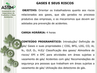 Assessoria em
Segurança do
Trabalho e Meio
Ambiente
OBJETIVO: Orientar os trabalhadores quanto aos riscos
relacionados aos gases, que são gerados no processo
produtivo das empresas, e os mecanismos que devem ser
adotados pra prevenção de acidentes.
CARGA HORÁRIA: 4 horas
CONTEÚDO PROGRAMÁTICO: Introdução/ Definição de
gás/ Gases e suas propriedades ( COG, BFG, LDG, CO, Ar,
N2, GLP, O2, H2S)/ Classificação dos gases/ Atmosfera de
riscos/ EPI e EPC para atividades em áreas sujeitas a
vazamento de gás/ Acidentes com gás/ Recomendações de
segurança pra pessoas que trabalham em áreas sujeitas a
vazamento de gás/ Utilização dos detectores de gás.
GASES E SEUS RISCOS
 