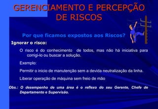 O risco é do conhecimento de todos, mas não há iniciativa para
corrigi-lo ou buscar a solução.
Exemplo:
Permitir o inicio de manutenção sem a devida neutralização da linha.
Liberar operação de máquina sem freio de mão
Obs.: O desempenho de uma área é o reflexo do seu Gerente, Chefe de
Departamento e Supervisão.
GERENCIAMENTO E PERCEPÇÃOGERENCIAMENTO E PERCEPÇÃO
DE RISCOSDE RISCOS
Por que ficamos expostos aos Riscos?
Ignorar o riscoIgnorar o risco:
 