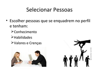 Selecionar Pessoas
• Escolher pessoas que se enquadrem no perfil
e tenham:
Conhecimento
Habilidades
Valores e Crenças
 