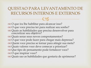 
 O que ira lhe habilitar para alcancar isso?
 O que voce precisa ter para realizar seu sonho?
 Quais as habilidades que precisa desenvolver para
concretizar seu objetivo?
 Quais serao seus novos comprotamentos?
 O que voce pode fazer para chegar mais depressa?
 Quem voce precisa se tornar para atingir sua meta?
 Quais valores voce deve comecar a priorizar?
 Que tipo de pensamento pode fortalecer voce?
 O que inspirar voce?
 Quais sao as habilidades que gostaria de aprimorar?
QUESTAO PARA LEVANTAMENTO DE
RECURSOS INTERNOS E EXTERNOS
 