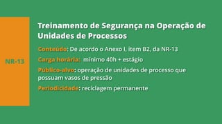 Conteúdo: De acordo o Anexo I, item B2, da NR-13
Carga horária: mínimo 40h + estágio
Público-alvo: operação de unidades de processo que
possuam vasos de pressão
Periodicidade: reciclagem permanente
NR-13
Treinamento de Segurança na Operação de
Unidades de Processos
 