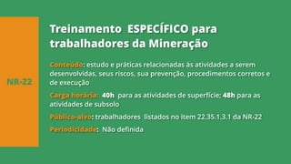 Conteúdo: estudo e práticas relacionadas às atividades a serem
desenvolvidas, seus riscos, sua prevenção, procedimentos corretos e
de execução
Carga horária: 40h para as atividades de superfície; 48h para as
atividades de subsolo
Público-alvo: trabalhadores listados no item 22.35.1.3.1 da NR-22
Periodicidade: Não definida
NR-22
Treinamento ESPECÍFICO para
trabalhadores da Mineração
 