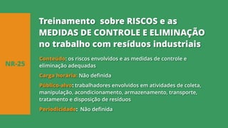 Conteúdo: os riscos envolvidos e as medidas de controle e
eliminação adequadas
Carga horária: Não definida
Público-alvo: trabalhadores envolvidos em atividades de coleta,
manipulação, acondicionamento, armazenamento, transporte,
tratamento e disposição de resíduos
Periodicidade: Não definida
NR-25
Treinamento sobre RISCOS e as
MEDIDAS DE CONTROLE E ELIMINAÇÃO
no trabalho com resíduos industriais
 