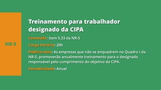 Conteúdo: item 5.33 da NR-5
Carga horária: 20h
Público-alvo: As empresas que não se enquadrem no Quadro I da
NR-5, promoverão anualmente treinamento para o designado
responsável pelo cumprimento do objetivo da CIPA.
Periodicidade: Anual
NR-5
Treinamento para trabalhador
designado da CIPA
 