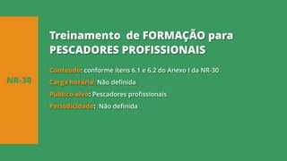 Conteúdo: conforme itens 6.1 e 6.2 do Anexo I da NR-30
Carga horária: Não definida
Público-alvo: Pescadores profissionais
Periodicidade: Não definida
NR-30
Treinamento de FORMAÇÃO para
PESCADORES PROFISSIONAIS
 