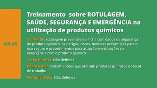 Conteúdo: rotulagem preventiva e a ficha com dados de segurança
do produto químico, os perigos, riscos, medidas preventivas para o
uso seguro e procedimentos para atuação em situações de
emergência com o produto químico
Carga horária: Não definida
Público-alvo: trabalhadores que utilizam produtos químicos no local
de trabalho
Periodicidade: Não definida
NR-26
Treinamento sobre ROTULAGEM,
SAÚDE, SEGURANÇA E EMERGÊNCIA na
utilização de produtos químicos
 