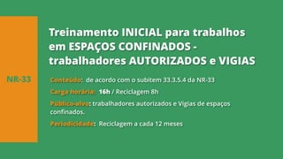 Conteúdo: de acordo com o subitem 33.3.5.4 da NR-33
Carga horária: 16h / Reciclagem 8h
Público-alvo: trabalhadores autorizados e Vigias de espaços
confinados.
Periodicidade: Reciclagem a cada 12 meses
NR-33
Treinamento INICIAL para trabalhos
em ESPAÇOS CONFINADOS -
trabalhadores AUTORIZADOS e VIGIAS
 