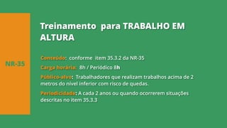 Conteúdo: conforme item 35.3.2 da NR-35
Carga horária: 8h / Periódico 8h
Público-alvo: Trabalhadores que realizam trabalhos acima de 2
metros do nível inferior com risco de quedas.
Periodicidade: A cada 2 anos ou quando ocorrerem situações
descritas no item 35.3.3
NR-35
Treinamento para TRABALHO EM
ALTURA
 