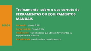 Conteúdo: Não definido
Carga horária: Não definida
Público-alvo: Trabalhadores que utilizam ferramentas ou
equipamentos manuais
Periodicidade: na admissão e periodicamente.
NR-36
Treinamento sobre o uso correto de
FERRAMENTAS OU EQUIPAMENTOS
MANUAIS
 
