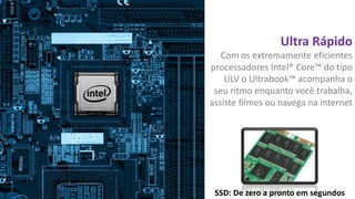 Ultra Rápido
Com os extremamente eficientes
processadores Intel® Core™ do tipo
ULV o Ultrabook™ acompanha o
seu ritmo enquanto você trabalha,
assiste filmes ou navega na internet

SSD: De zero a pronto em segundos

 