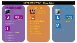 Nova linha VAIO – FALL 2012

Mobilidade

Estilo

Touch

E

SVE14A27CBS Touch

SVS13125PBB

SVE14A25CB

série

SVS13A25PBS

T

SVT13127CBS Touch
SVT14115CBS
SVT13125CBS
SVT11125CBS

SVE14125CBB
SVE14123CB
VPCE15125CBS
VPCE15125CBW

série

DUO 11

Entusiastas de
tecnologia

L

TAP 20

Touch

SVL24125CBB Touch
série

S

Jovens e
Estudantes
série

série

Executivos
e Versáteis

Experiência

S

SVS15125CBB

 