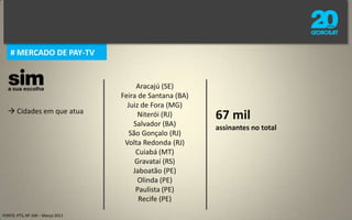 # MERCADO DE PAY-TV Operadora faz parte do Grupo Bandeirantes; Está num processo de digitalização da base de assinantes; Os canais Globosat ainda não eram disponibilizados pela SIM TV em Recife.        Nesta cidade, a base da operadora é de cerca de 12 mil assinantes* (34% dos      assinantes da região metropolitana de Recife*).* FONTE: PTS, Nº 169 – Março 2011
