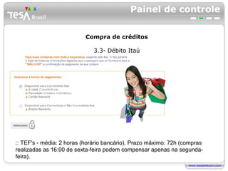 Painel de controle Compra de créditos 3.3- Débito Itaú :: TEF's - média: 2 horas (horário bancário). Prazo máximo: 72h (compras realizadas as 16:00 de sexta-feira podem compensar apenas na segunda-feira). 