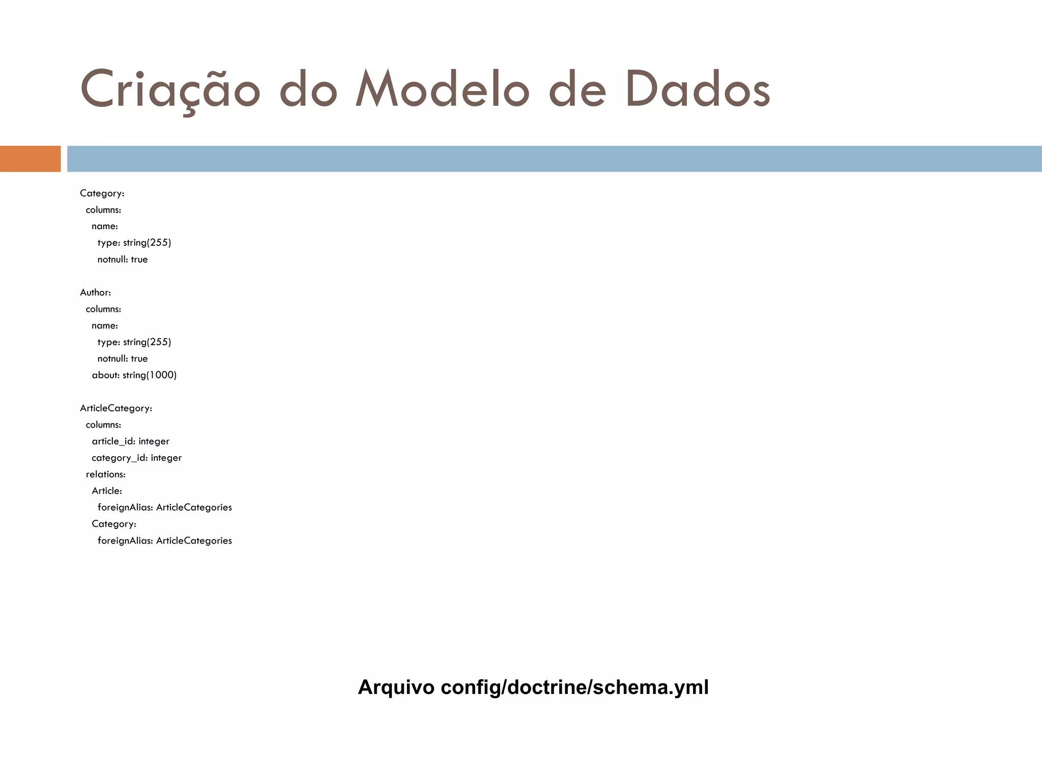 Criação do Modelo de Dados Category: columns: name: type: string(255) notnull: true Author: columns: name: type: string(255) notnull: true about: string(1000) ArticleCategory: columns: article_id: integer category_id: integer relations: Article: foreignAlias: ArticleCategories Category: foreignAlias: ArticleCategories Arquivo config/doctrine/schema.yml 
