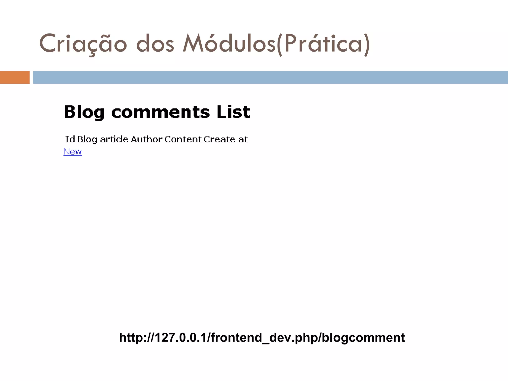 Criação dos Módulos(Prática) http://127.0.0.1/frontend_dev.php/blogcomment 