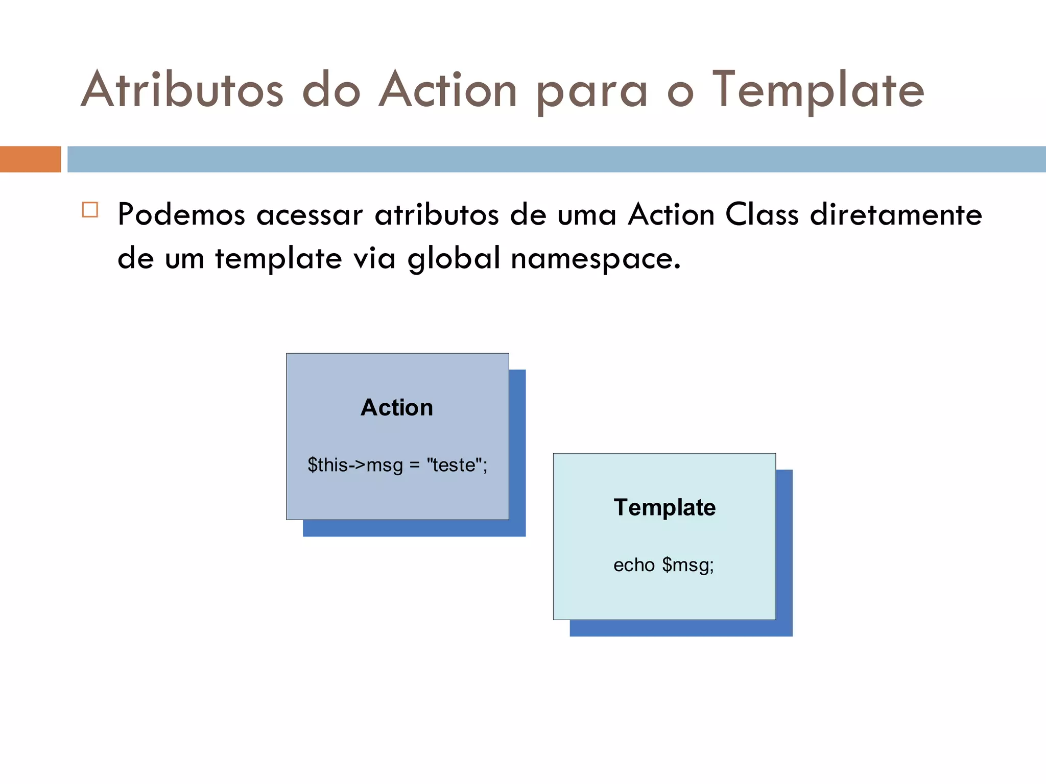 Atributos do Action para o Template  Podemos acessar atributos de uma Action Class diretamente de um template via global namespace. Action $this->msg = "teste"; Template echo $msg; 