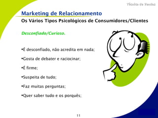 Técnica de Vendas


Marketing de Relacionamento
Os Vários Tipos Psicológicos de Consumidores/Clientes

Desconfiado/Curioso.



É desconfiado, não acredita em nada;

Gosta de debater e raciocinar;

É firme;

Suspeita de tudo;

Faz muitas perguntas;

Quer saber tudo e os porquês;




                            11
 