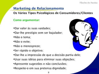Técnica de Vendas


Marketing de Relacionamento
Os Vários Tipos Psicológicos de Consumidores/Clientes

Como argumentar:

Dar valor às suas vaidades;
Dar-lhe prestígio sem ser bajulador;
Não o tema;
Não o evite;
Não o menospreze;
Ser rápido o objetivo;
Dar-lhe a impressão de que a decisão partiu dele;
Usar suas idéias para eliminar suas objeções;
Apresente sugestões e não conclusões;
Respeite-o em sua pretensa dignidade;
                          8
 