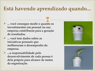 Está havendo aprendizado quando... 
  ... você consegue medir o quanto os 
investimentos em pessoal na sua 
empresa contribuem para a geração 
de resultados. 
 ... você tem dados sobre as 
iniciativas pessoais que 
melhoraram o desempenho da 
empresa. 
 ...a responsabilidade pelo 
desenvolvimento de cada pessoa é 
dela própria para alcance de metas 
da organização. 
 