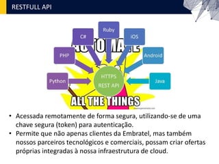 RESTFULL API
• Acessada remotamente de forma segura, utilizando-se de uma
chave segura (token) para autenticação.
• Permite que não apenas clientes da Embratel, mas também
nossos parceiros tecnológicos e comerciais, possam criar ofertas
próprias integradas à nossa infraestrutura de cloud.
 
