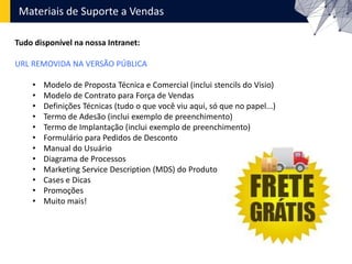 Materiais de Suporte a Vendas
Tudo disponível na nossa Intranet:
URL REMOVIDA NA VERSÃO PÚBLICA
• Modelo de Proposta Técnica e Comercial (inclui stencils do Visio)
• Modelo de Contrato para Força de Vendas
• Definições Técnicas (tudo o que você viu aqui, só que no papel...)
• Termo de Adesão (inclui exemplo de preenchimento)
• Termo de Implantação (inclui exemplo de preenchimento)
• Formulário para Pedidos de Desconto
• Manual do Usuário
• Diagrama de Processos
• Marketing Service Description (MDS) do Produto
• Cases e Dicas
• Promoções
• Muito mais!
 