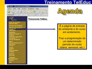 Treinamento TelEduc Agenda É a página de entrada do ambiente e do curso em andamento.  Traz a programação de um determinado período do curso (diária, semanal, etc.) 
