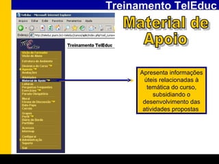 Treinamento TelEduc Material de  Apoio Apresenta informações úteis relacionadas à temática do curso, subsidiando o desenvolvimento das atividades propostas   