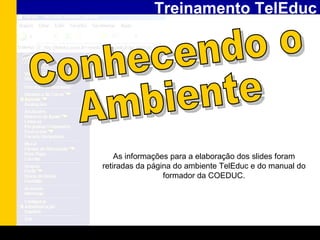 Treinamento TelEduc Conhecendo o  Ambiente As informações para a elaboração dos slides foram retiradas da página do ambiente TelEduc e do manual do formador da COEDUC. 