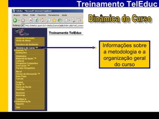 Treinamento TelEduc Dinâmica do Curso Informações sobre a metodologia e a organização geral do curso 