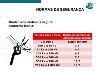 NORMAS DE SEGURANÇA
NORMAS DE SEGURANÇA
Tensão Fase a Fase Distância mínima de
Aproximação segura
0 a 300 V Evitar contato
300 V a 50 kV 3,1
50 kV a 200 kV 4,6
200 kV a 350 kV 6,1
350 kV a 500 kV 7,6
500 kV a 750 kV 10,7
750 kV a 1.000 kV 13,7
Manter uma distância segura
conforme tabela:
 