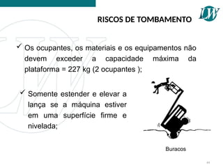 44
RISCOS DE TOMBAMENTO
 Os ocupantes, os materiais e os equipamentos não
devem exceder a capacidade máxima da
plataforma = 227 kg (2 ocupantes );
 Somente estender e elevar a
lança se a máquina estiver
em uma superfície firme e
nivelada;
Buracos
 