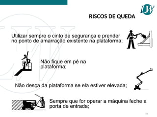 50
RISCOS DE QUEDA
Utilizar sempre o cinto de segurança e prender
no ponto de amarração existente na plataforma;
Não fique em pé na
plataforma;
Não desça da plataforma se ela estiver elevada;
Sempre que for operar a máquina feche a
porta de entrada;
 