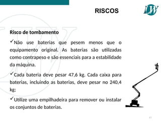 Risco de tombamento
Não use baterias que pesem menos que o
equipamento original. As baterias são utilizadas
como contrapeso e são essenciais para a estabilidade
da máquina.
Cada bateria deve pesar 47,6 kg. Cada caixa para
baterias, incluindo as baterias, deve pesar no 240,4
kg;
Utilize uma empilhadeira para remover ou instalar
os conjuntos de baterias.
RISCOS
57
 