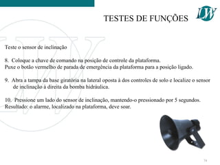 Teste o sensor de inclinação
8. Coloque a chave de comando na posição de controle da plataforma.
Puxe o botão vermelho de parada de emergência da plataforma para a posição ligado.
9. Abra a tampa da base giratória na lateral oposta à dos controles de solo e localize o sensor
de inclinação à direita da bomba hidráulica.
10. Pressione um lado do sensor de inclinação, mantendo-o pressionado por 5 segundos.
Resultado: o alarme, localizado na plataforma, deve soar.
TESTES DE FUNÇÕES
74
 