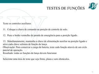 Teste os controles auxiliares
11. Coloque a chave de comando na posição de controle de solo.
12. Puxe o botão vermelho de parada de emergência para a posição ligado.
13. Simultaneamente, mantenha a chave de alimentação auxiliar na posição ligado e
ative cada chave seletora de função da lança.
Observação: Para conservar a carga da bateria, teste cada função através de um ciclo
parcial de operação.
Resultado: todas as funções da lança devem funcionar.
Selecione uma área de teste que seja firme, plana e sem obstáculos.
TESTES DE FUNÇÕES
75
 