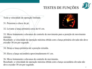 Teste a velocidade de operação limitada
31. Pressione a chave de pé.
32. Levante a lança primária cerca de 61 cm.
33. Mova lentamente a alavanca de controle de movimento para a posição de movimento
máximo.
Resultado: a velocidade de operação máxima obtida com a lança primária elevada não deve
exceder 30 cm por segundo.
34. Desça a lança primária até a posição retraída.
35. Eleve a lança secundária aproximadamente 61 cm.
36. Mova lentamente a alavanca de controle de movimento.
Resultado: a velocidade de operação máxima obtida com a lança secundária elevada não
deve exceder 30 cm por segundo.
TESTES DE FUNÇÕES
82
 