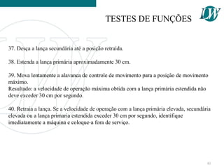 37. Desça a lança secundária até a posição retraída.
38. Estenda a lança primária aproximadamente 30 cm.
39. Mova lentamente a alavanca de controle de movimento para a posição de movimento
máximo.
Resultado: a velocidade de operação máxima obtida com a lança primária estendida não
deve exceder 30 cm por segundo.
40. Retraia a lança. Se a velocidade de operação com a lança primária elevada, secundária
elevada ou a lança primaria estendida exceder 30 cm por segundo, identifique
imediatamente a máquina e coloque-a fora de serviço.
TESTES DE FUNÇÕES
83
 