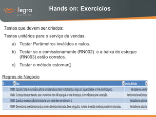 Hands on: Exercicios Testes que devem ser criados: Testes unitários para o serviço de vendas. Testar Parâmetros inválidos e nulos. Testar se o comissionamento (RN002)  e a baixa de estoque (RN003) estão corretos. Testar o método estornar() Regras de Negocio 
