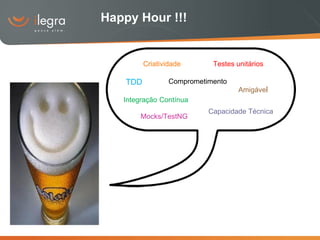 Happy Hour !!! Criatividade TDD Comprometimento Testes unitários Capacidade Técnica Integração   Contínua Amigáve l Mocks/TestNG 