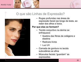 O que são Linhas de Expressão?
             – Rugas profundas nas áreas de
               expressão facial (ao longo da testa, ao
               redor dos olhos e boca.
         Por que elas se formam?
             – Tecido conjuntivo na derme se
               enfraquece:
                 • Quebra das fibras de colágeno e
                   elastina
                 • Radicais livres
                 • Luz UV
             – Camada de gordura no tecido
               subcutâneo se afina
             – Músculos faciais “guardam” as
               expressões
                                                     20
 