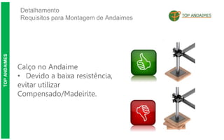 Detalhamento
Requisitos para Montagem de Andaimes
TOP
ANDAIMES
Calço no Andaime
• Devido a baixa resistência,
evitar utilizar
Compensado/Madeirite.
 