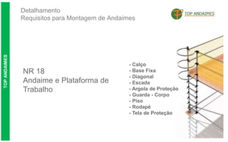 Detalhamento
Requisitos para Montagem de Andaimes
TOP
ANDAIMES
NR 18
Andaime e Plataforma de
Trabalho
- Calço
- Base Fixa
- Diagonal
- Escada
- Argola de Proteção
- Guarda - Corpo
- Piso
- Rodapé
- Tela de Proteção
 