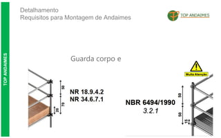 Detalhamento
Requisitos para Montagem de Andaimes
TOP
ANDAIMES
Guarda corpo e
Rodapé
 