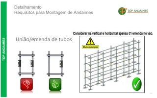Detalhamento
Requisitos para Montagem de Andaimes
TOP
ANDAIMES
União/emenda de tubos
 