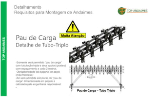 Detalhamento
Requisitos para Montagem de Andaimes
TOP
ANDAIMES
Pau de Carga
Detalhe de Tubo-Triplo
-Somente será permitido “pau de carga”
com tubulação tripla e seus apoios (postes)
com espaçamento a cada 2 metros.
-Obrigatoriedade da diagonal de apoio
(mão francesa)
-Só será admitida estruturas de “pau de
carga” dimensionada em projeto e
calculada pela engenharia responsável.
-
 
