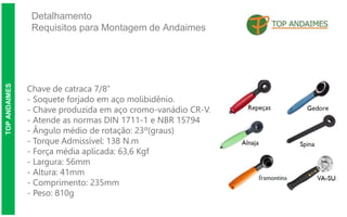 Detalhamento
Requisitos para Montagem de Andaimes
TOP
ANDAIMES
Chave de catraca 7/8”
- Soquete forjado em aço molibidênio.
- Chave produzida em aço cromo-vanádio CR-V.
- Atende as normas DIN 1711-1 e NBR 15794
- Ângulo médio de rotação: 23º(graus)
- Torque Admissível: 138 N.m
- Força média aplicada: 63,6 Kgf
- Largura: 56mm
- Altura: 41mm
- Comprimento: 235mm
- Peso: 810g
 